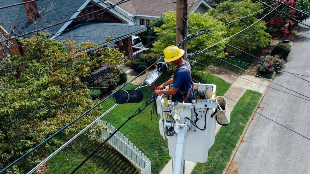 Mastering the First Impression: Your intriguing post title goes here Electrician in a bucket lift repairing power lines from a utility pole in a suburban neighborhood.